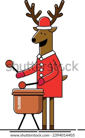 Graphic illustration showing a Christmas deer, dressed in a red suit and beating the drum.