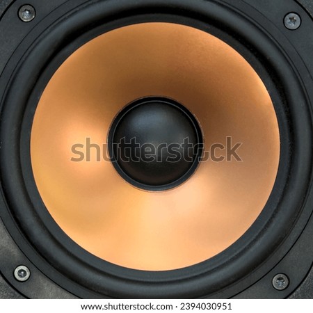 gold speaker woofer cone detail (close up of loudspeaker section, bright yellow orange color) audiophile, audio, bass, reflex, hifi, high fidelity sound music reproduction (gear, equipment, electronic Royalty-Free Stock Photo #2394030951