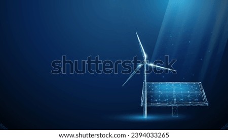 Abstract blue solar panel with wind turbine. Renewable power generation Green energy concept. Alternative source of energy Low poly style. Wireframe light connection structure Modern 3d graphic Vector Royalty-Free Stock Photo #2394033265