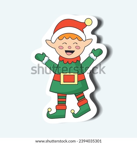 Christmas elf of the sticker set in cartoon design. This cozy illustration with this charming Christmas elf character sticker, designed in a fun and colorful style. Vector illustration.