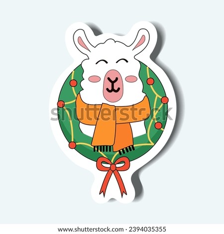 Lama of set in sticker design. This delightful colorful sticker style, featuring an endearing Christmas llama character full of holiday joy. Vector illustration.
