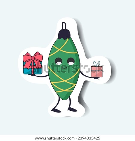 Christmas tree decoration of set in sticker design. A cute Christmas tree toy in green colors will become an indispensable attribute of all winter holidays. Vector illustration.