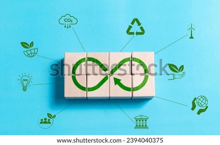 Infinity symbol on wooden block for circular economy to reduce waste by reusing, Reduce pollution for future business and environmental growth. Royalty-Free Stock Photo #2394040375