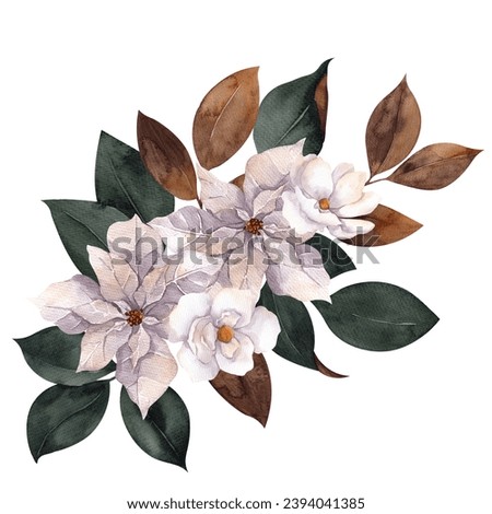 Watercolor Christmas bouquet with flowers, berry, brunch of pine tree, leaves, winter illustration. Isolated on white background. Merry Christmas and Happy New Year.