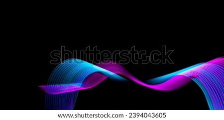 Abstract neon metallic pink and blue waves curvy lines on black background. Technology data. High quality photo