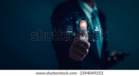 User is scanning fingerprint on virtual screen to verify identity for login, doing transactions on internet online, concept of secure technology security Cyber ​​privacy protection.