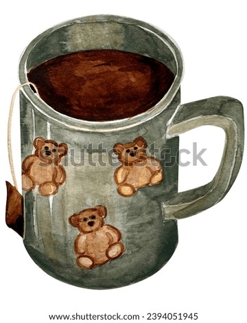 Watercolor illustration of mug with bear and tea on a white background isolated for the design of cards, packaging, logos, etc. Winter clip art set.