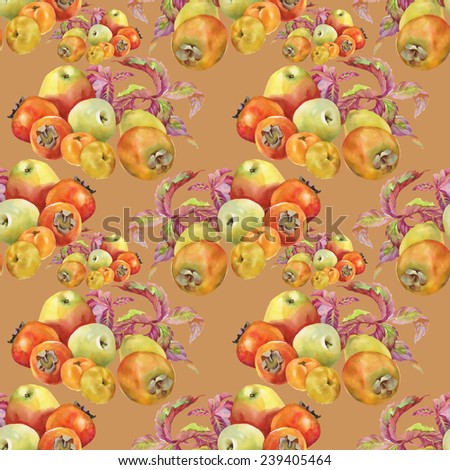 Seamless pattern with leaves and persimmon with apples on orange background