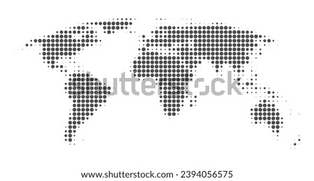 World map halftone. Made for world news and articles. Grey circles on white background. Vector illustration.