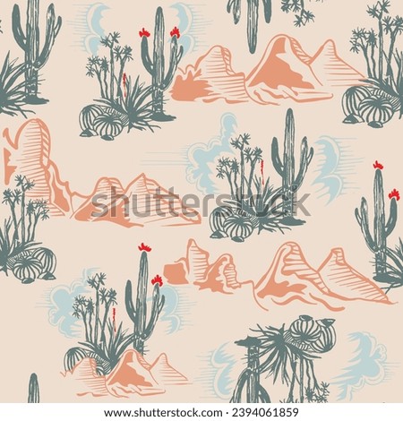 Western Desert Cactus Mountains Vector Seamless Pattern Design, Seamless pattern vector summer cactus on desert, summer tropical pattern background with cactuses, surface textures, textile. Isolated o Royalty-Free Stock Photo #2394061859