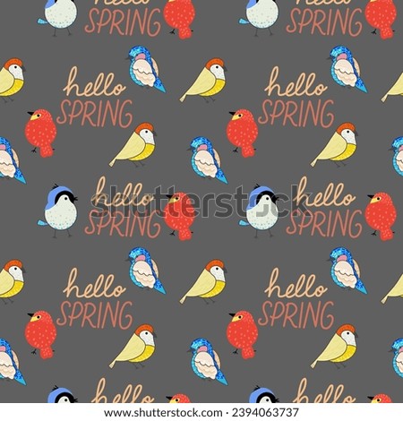 Hello spring. Hand drawn of Colorful cute birds, seamless pattern.
