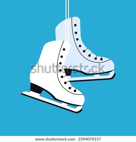 Ice skating pair of shoes on blue background. Square composition winter activity card. Seasonal sport hobby banner. Winter sports gear. Winter leisure. Vector poster invitation. Royalty-Free Stock Photo #2394070157
