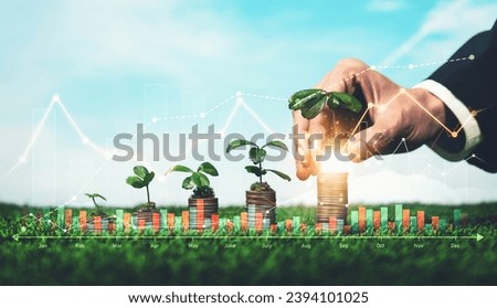 Businessman plant seedling on top of growing coin stack on sky background as ESG investment with sustainable growth potential lead to profitable financial return and environmental protection. Reliance