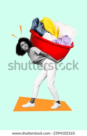 Picture collage image of an unhappy upset girl cleaning home washing dirty clothes fresh laundry isolated on drawing background