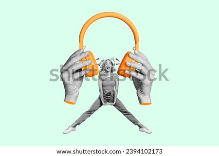 Collage image picture of cheerful positive girl listening loud music dancing isolated on blue background