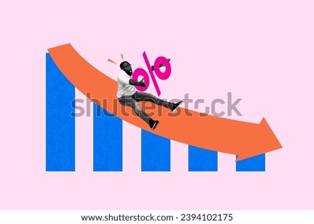 Picture collage sketch of crazy man sliding down hill holding percent element isolated on drawing background