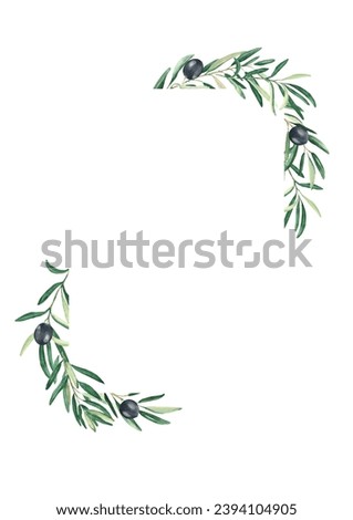 Olive tree square vertical frame. Black olives and branches. Hand drawn watercolor botanical illustration isolated on white background. Can be used for cards, logos and cosmetic design.