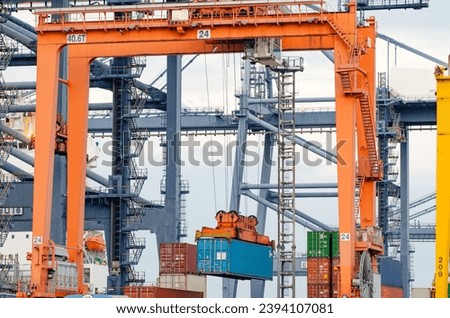 RTG cranes are lifting containers at the port.

 Royalty-Free Stock Photo #2394107081