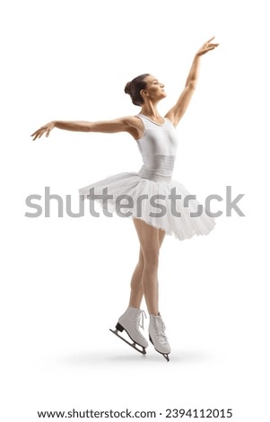 Female figure skater in a white dress isolated on white background
