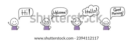 Happy stickman with greeting - welcome, hello, hi, good morning. Vector