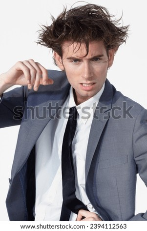 Portrait, crazy hair and business man with worker and confused from stress and anxiety. Studio, male professional and working with corporate job and thinking with wild hairstyle and white background