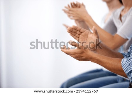 Business meeting, hands and people with applause in support of conference, success or motivation zoom. Clapping, audience and closeup of crowd with praise for thank you, congratulations or welcome Royalty-Free Stock Photo #2394112769