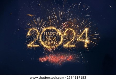 Greeting card Happy New Year 2024. Creative sparkling text Happy New Year 2024 on blue background with fireworks