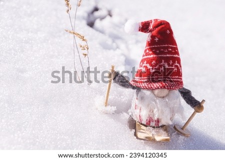 santa claus dwarf gnome running on a snow in christmas