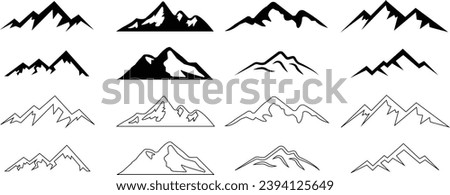 Mountain vector icons set. Mountain silhouette elements. Outdoor icon snow ice mountain tops decorative symbols isolated on transparent background. Camping logo, travel labels, climbing, hiking badges Royalty-Free Stock Photo #2394125649