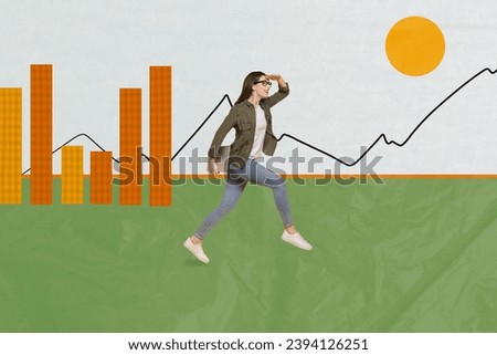 Photo collage artwork picture of excited lady running achieving success isolated creative background