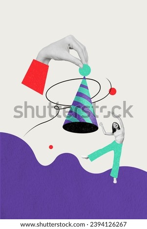Vertical collage image of overjoyed black white effect mini girl big arm fingers hold birthday party cone hat isolated on drawing background
