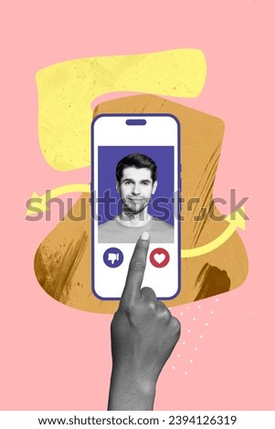 Vertical collage picture of black white colors girl arm finger touch smart phone display handsome guy photo dating app like dislike buttons