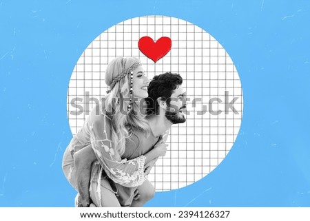 Collage artwork picture of funky charming couple having fun enjoying 14 february isolated creative blue color background