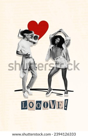 Collage artwork picture of smiling funky couple having fun celebrating valentine day together isolated beige color background