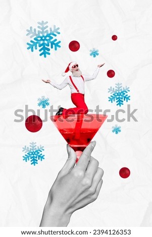 Cartoon sketch collage picture of smiling funky santa claus celebrating new year cocktail glass isolated white color background