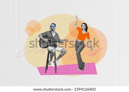 Collage picture of two black white colors people sit chair play guitar sing dancing point fingers isolated on drawing background