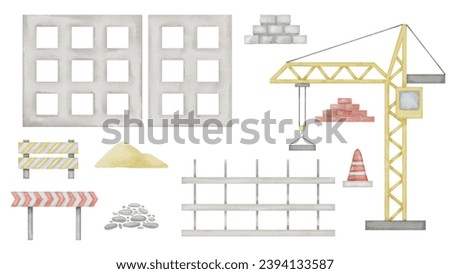 Construction clip art Set Watercolor illustration. Hand drawn building materials on isolated background. Lifting crane and house frame drawing. Bundle of design element in sketch style.
