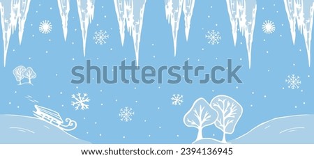 Winter Vector blue horizontal banner. Doodle illustration with sled, icicles, snowflakes, snowfall. Design for cards, cover, frame, post social media, website header, landing page, banner, poster. Royalty-Free Stock Photo #2394136945