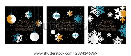 Decorative snowflake, toy and pine on a black background. Merry Christmas and Happy New Year greeting cards. Set of 3 vector illustration.