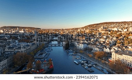Aerial view of old town Zurich, Limmat river and lake Zurich on a fall day in Switzerland largest city. Royalty-Free Stock Photo #2394162071