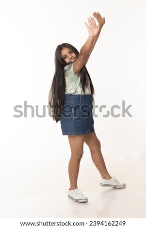 Dancing Nice-looking cute lovely attractive cheerful cheery straight-haired blonde girl Full length body size photo of small girl smiling happily keeping long hair isolated on white color background
