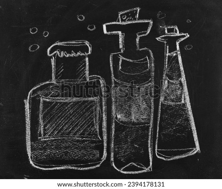Icon bottles of alcohol, hand draw chalk on chalkboard, blackboard texture