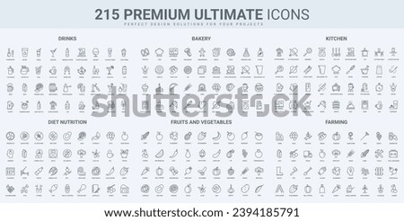 Food and drink tasting, agriculture farm products and cooking in kitchen thin black line icons set vector illustration. Outline symbols of diet nutrient, bakery and chefs recipe, fruits and vegetables Royalty-Free Stock Photo #2394185791