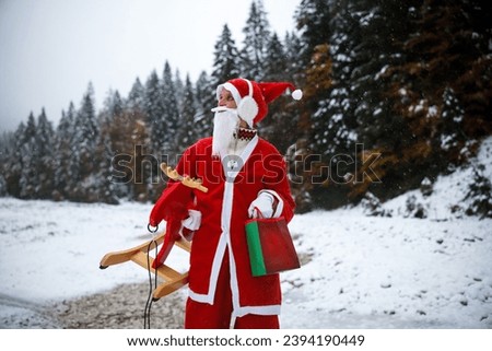 Woman Dressed in Santa Claus Costume Delivering Small Gifts in Remote Winter Countryside Location While Snowing all over the land and the Trees
