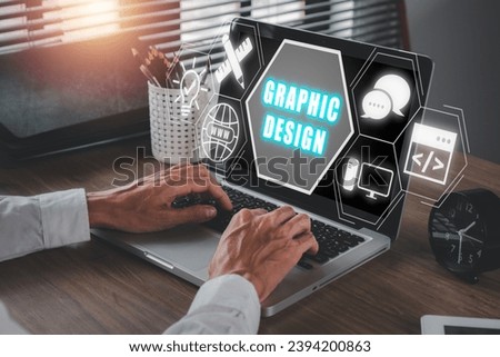 Graphic design concept, Business person using lapop computer on office desk with graphic design icon on virtual screen.