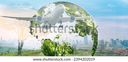 Sustainable aviation fuel concept. Net zero emissions flight. Sustainability transportation. Eco-friendly aviation fuel. Air travel. Future of flight with green innovation. Airplane use biofuel energy Royalty-Free Stock Photo #2394202019