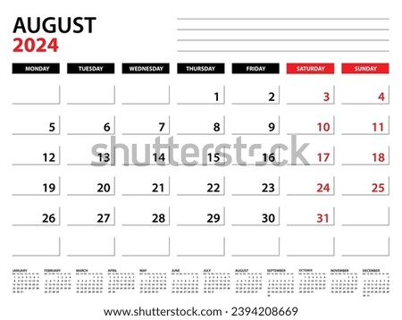 August 2024 year planner template, calendar 2024 template, monthly and yearly planners. organizer diary. week start monday, corporate planner template, Desk calendar 2024, Vector illustration