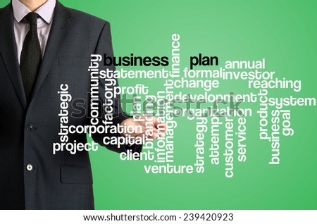 Business man presenting wordcloud related to business plan on virtual screen