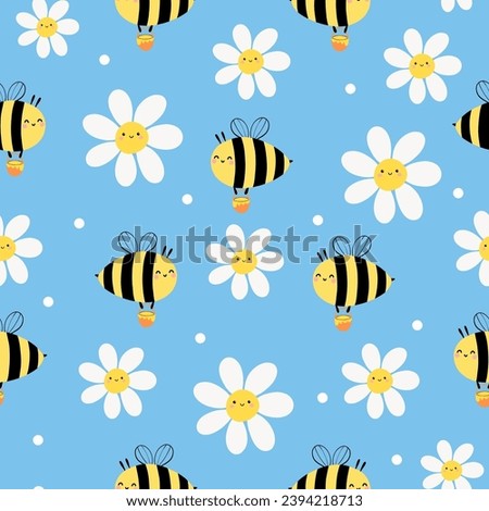 Seamless pattern with cute bee, daisy floral on light blue background for your fabric, children textile, apparel, nursery decoration, gift wrap paper, kids bedding. Vector illustration