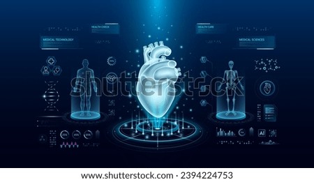 Heart health care technology with scan virtual interface hologram style. X ray and MRT human body examination. Medical diagnostic with HUD, UI, GUI. Analysis in futuristic laboratory. Vector EPS10.